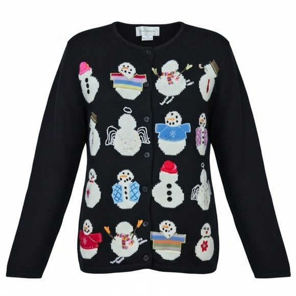 Susan Bristol Sweaters - NEW Susan Bristol Embellished Beaded Snowmen Black Cardigan Sweater Medium